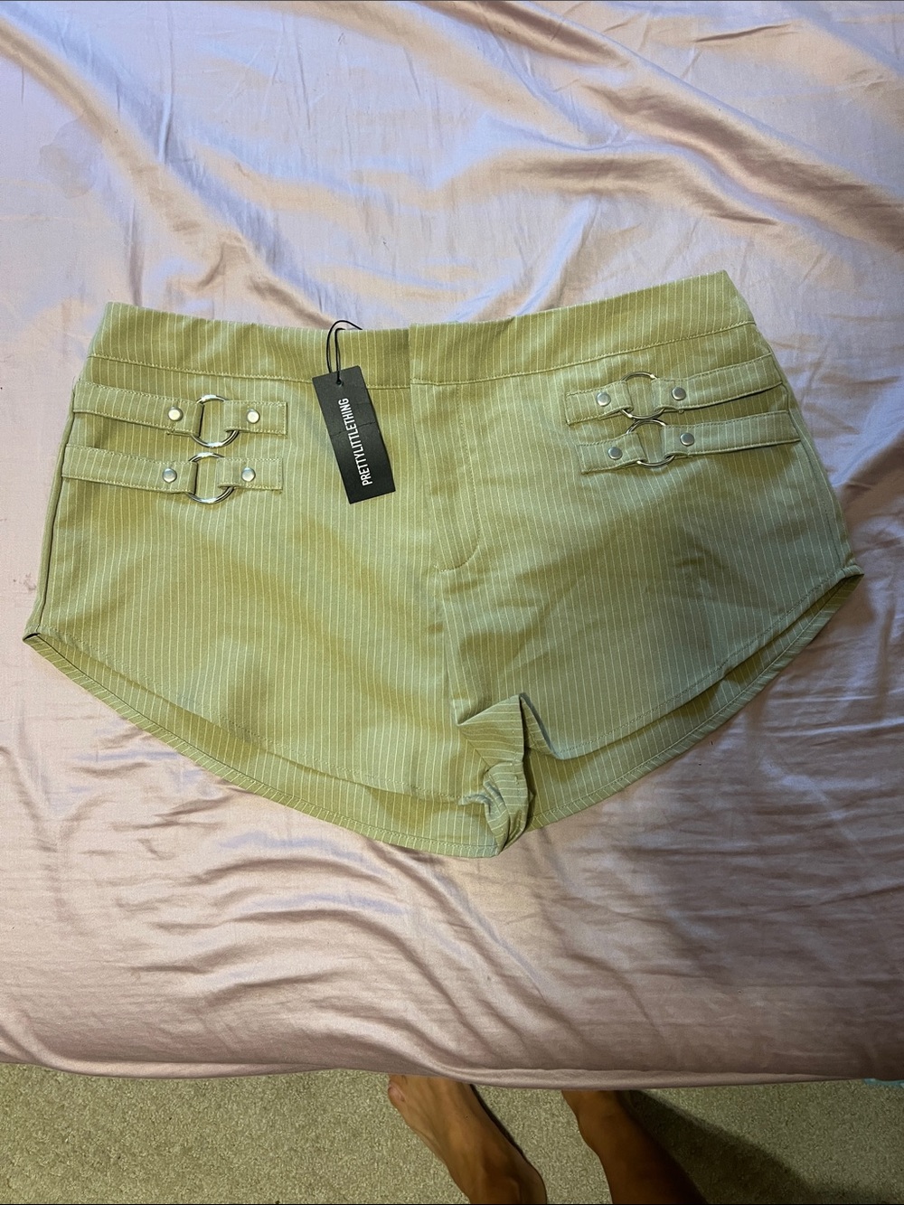 PrettyLittleThing Olive Pinstripe High Waist Buckle Shorts